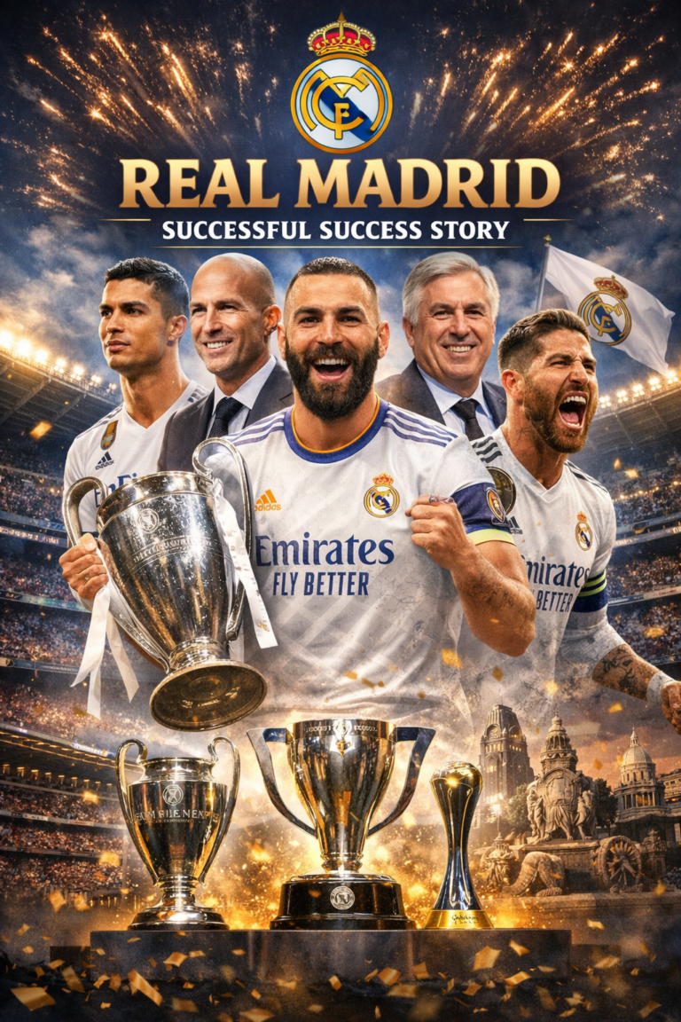 Real Madrid successful success story featuring legendary players with Champions League trophies in Santiago Bernabéu stadium