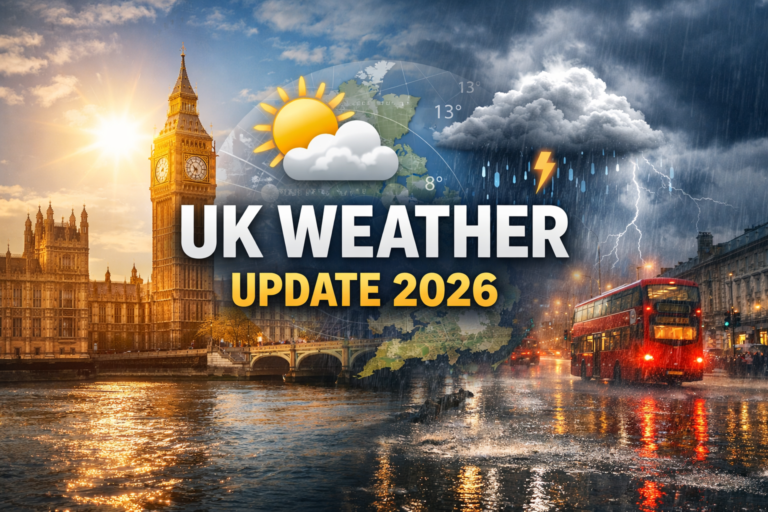UK Weather Update 2026 showing sunny and stormy conditions over London with Big Ben, rain, lightning, and temperature forecast symbols