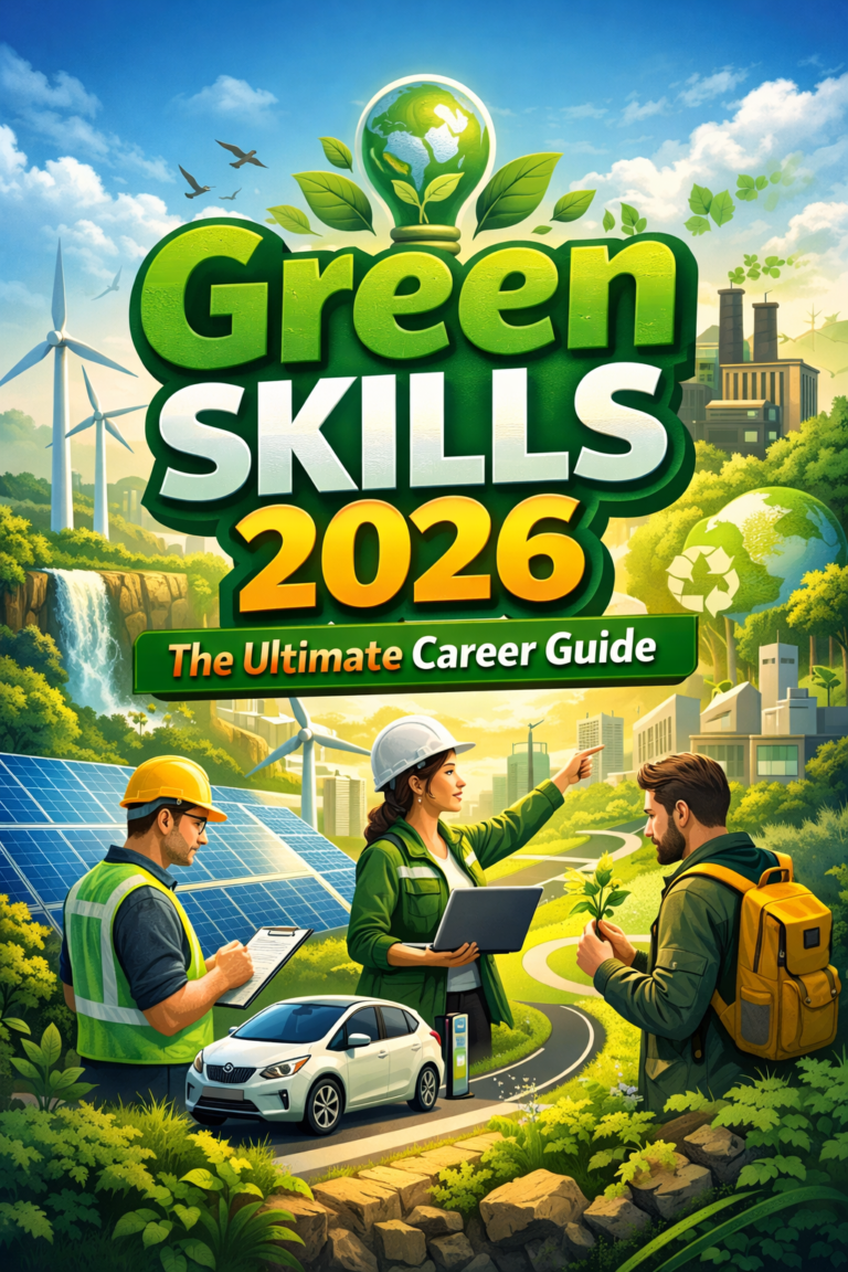 “Green Skills 2026 career guide feature image showing renewable energy, solar panels, wind turbines, eco-friendly jobs, and sustainability professionals”