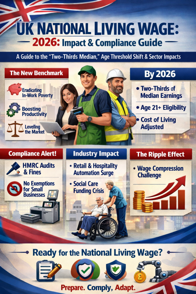 UK National Living Wage 2026 infographic showing impact, compliance rules, age eligibility, and wage growth trends