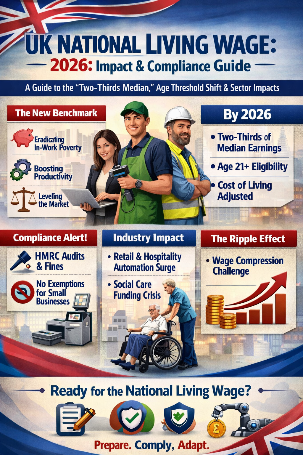 UK National Living Wage 2026 infographic showing impact, compliance rules, age eligibility, and wage growth trends