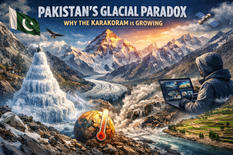 Pakistan Karakoram glaciers anomaly showing growing glaciers, ice stupa, climate change impact and Indus River system