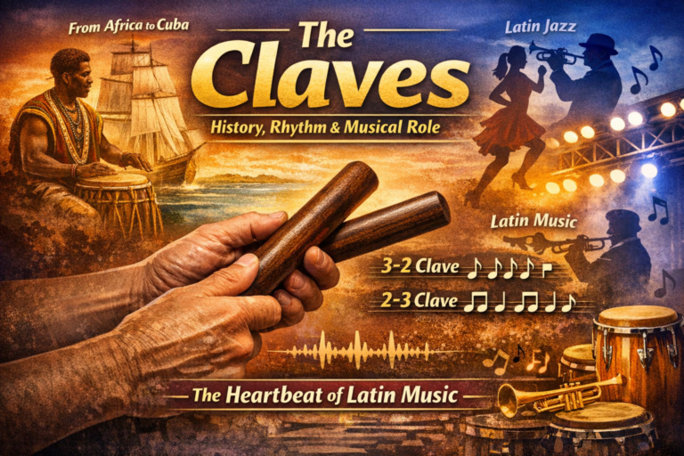 Wooden claves instrument being played showing 3-2 and 2-3 clave rhythm patterns in Latin music culture