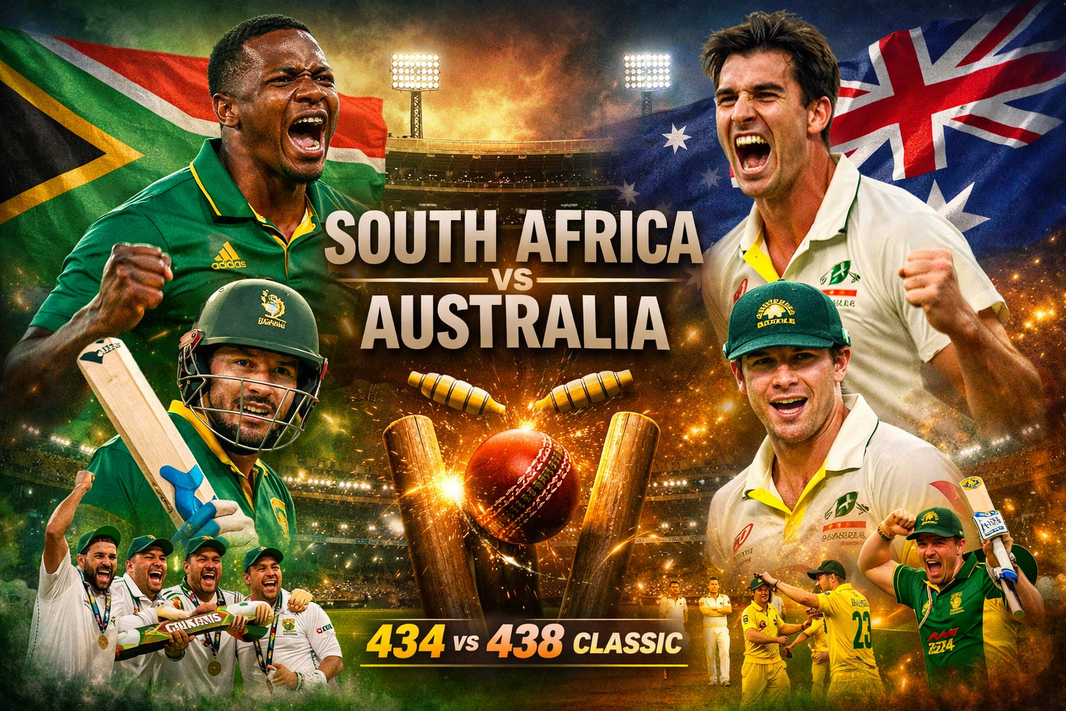 South Africa vs Australia cricket rivalry image featuring players, stadium, and 434 vs 438 historic ODI match moment