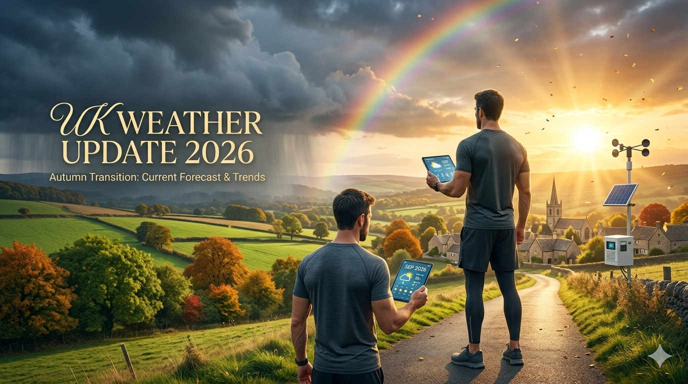 UK Weather Update 2026 showing sunny and stormy conditions over London with Big Ben, rain, lightning, and temperature forecast symbols