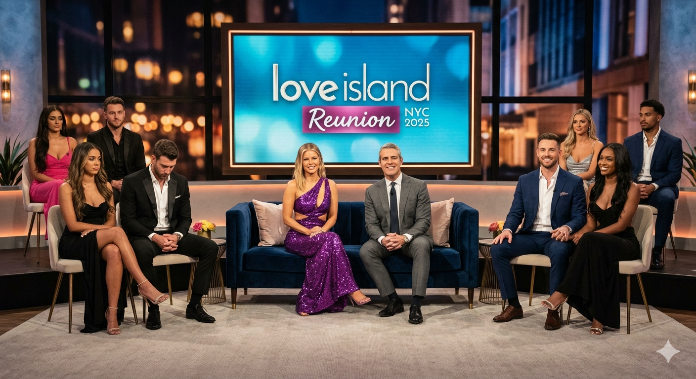 The raw tension of the Love Island Season 7 Reunion: Winners Amaya and Bryan (left) display distance, while stable couple Nic and Olandria (right) remain united in the NYC studio. (March 2026 Update)