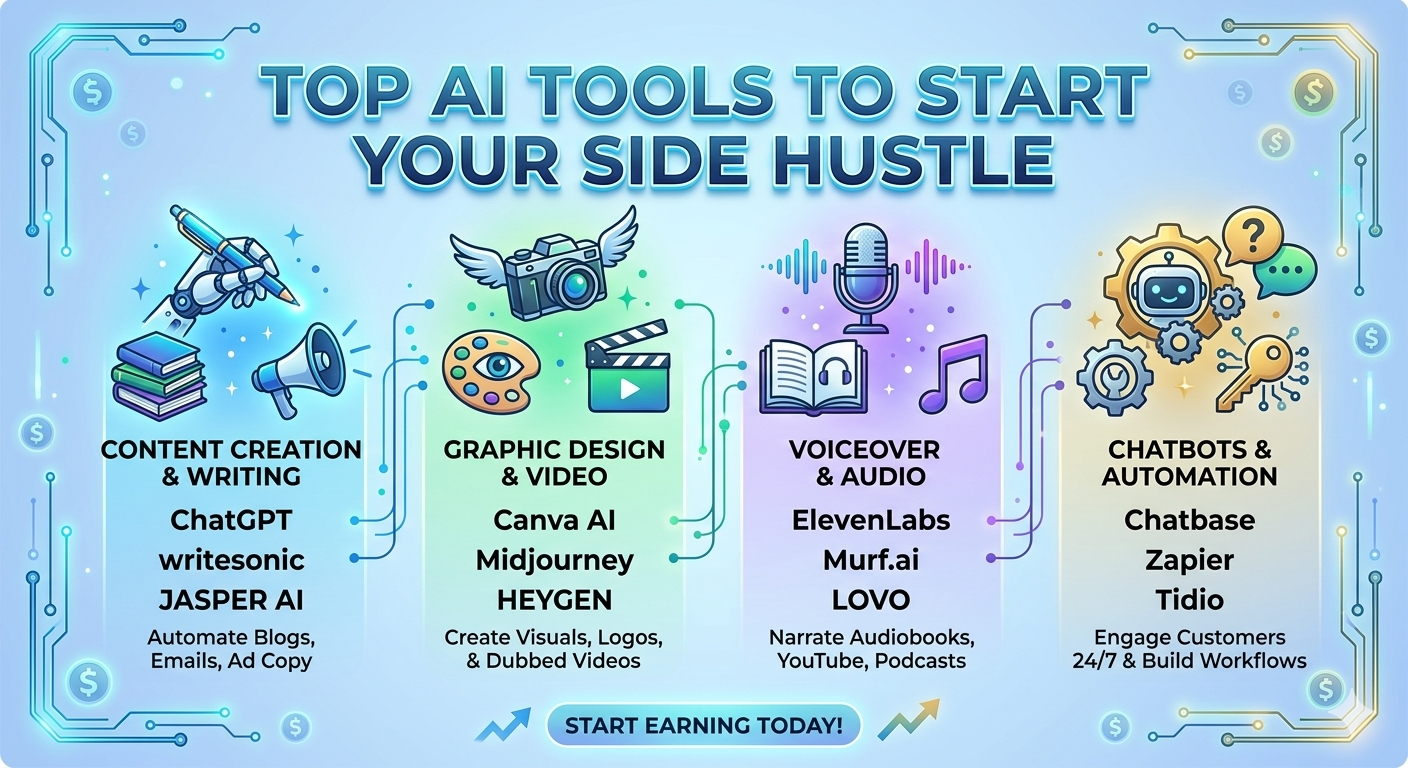 Infographic of top AI tools for side hustles in 2026 including ChatGPT, Midjourney, ElevenLabs, and Zapier for automation and content creation.