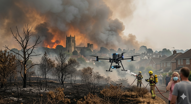 A dynamic photo of UK firefighters deploying an AI-powered drone with foam-dropping capabilities over scorched heathland near London suburbs, amidst smoke from 2026 wildfires.