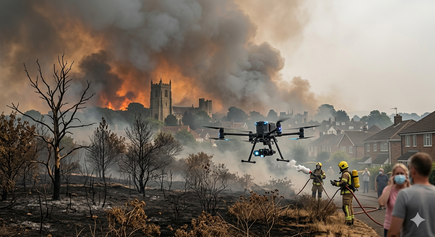 A dynamic photo of UK firefighters deploying an AI-powered drone with foam-dropping capabilities over scorched heathland near London suburbs, amidst smoke from 2026 wildfires.