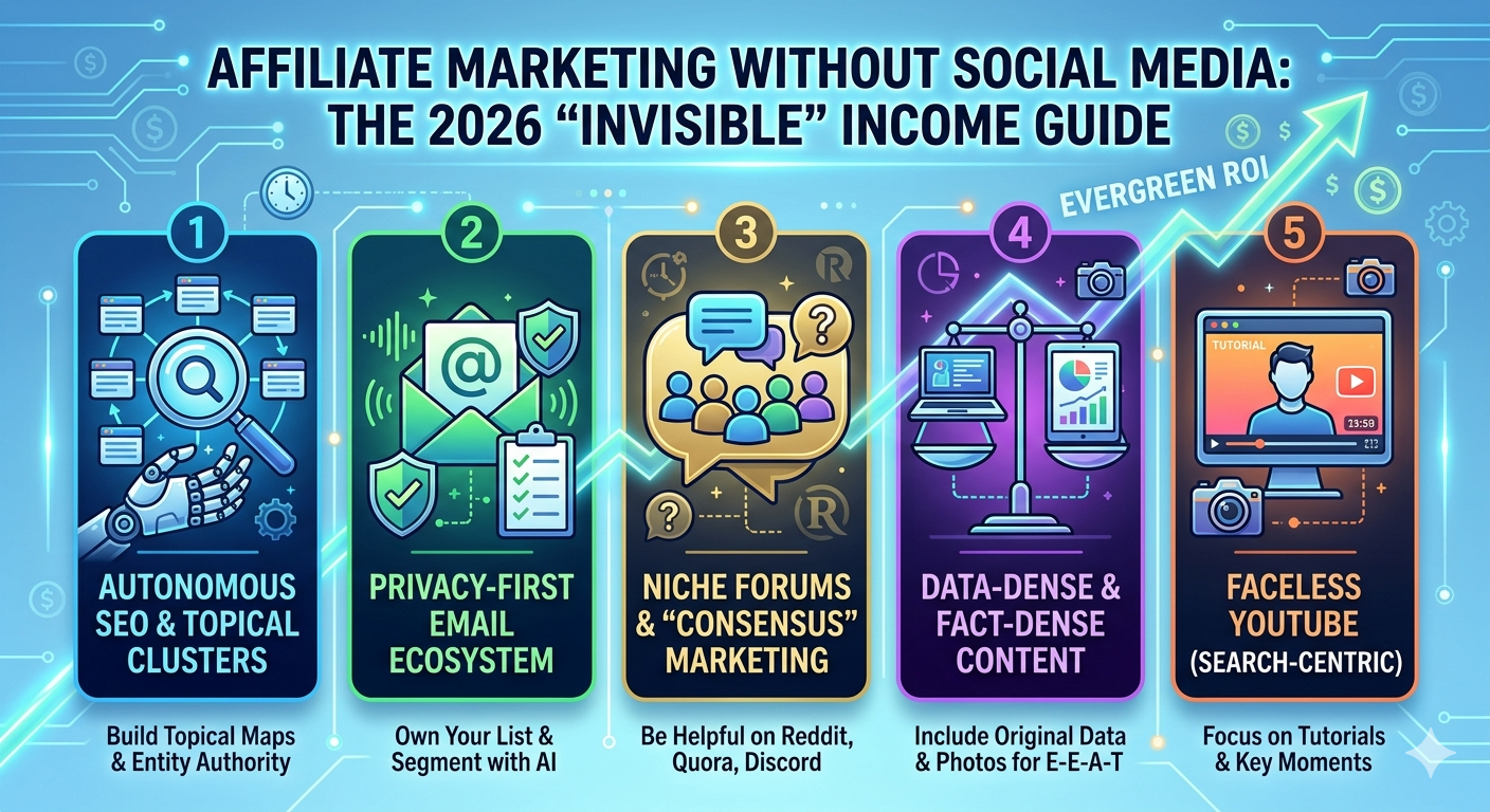 2026 infographic of affiliate marketing strategies without social media: Autonomous SEO, Privacy-first email, Niche forums, Fact-dense content, and Faceless YouTube.