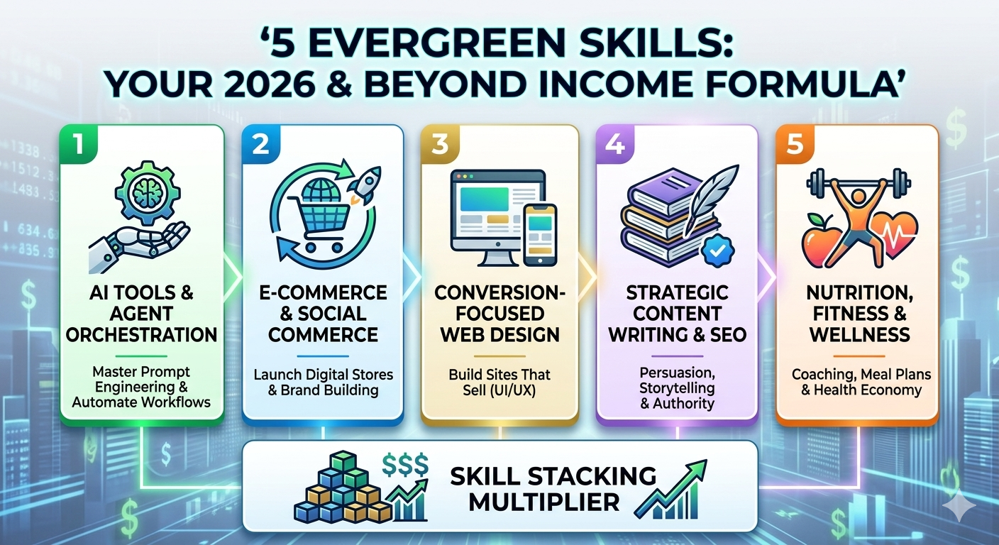 Infographic showing 5 evergreen skills to make money in 2026: AI agent orchestration, e-commerce, conversion-focused web design, SEO content writing, and wellness coaching.