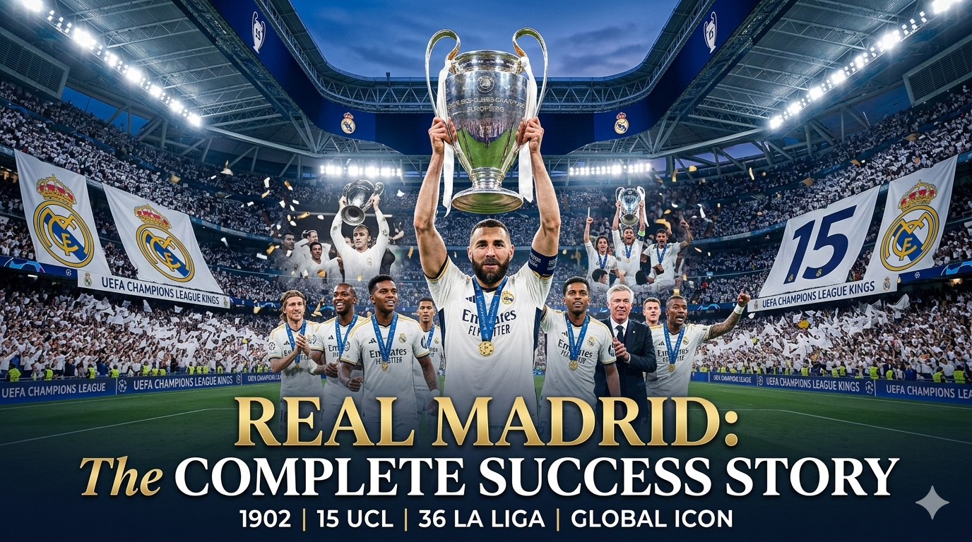 Real Madrid success story featuring 15 Champions League trophies and Santiago Bernabéu stadium celebration.