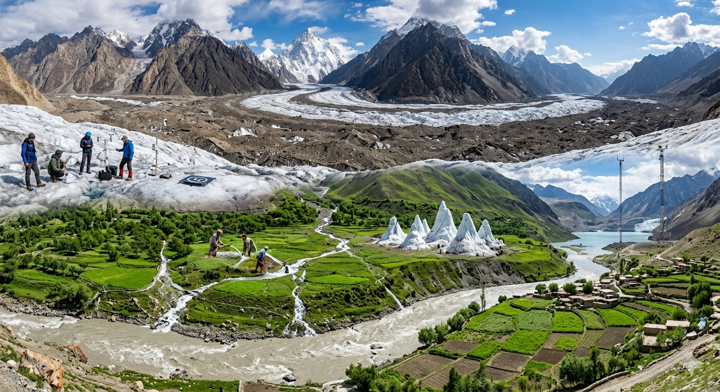 Karakoram Glaciers Growing. A high-angle view of Pakistani glaciers in Karakoram, featuring scientists conducting climate research, traditional ice stupas for water conservation, and lush green fields fed by glacial meltwater in Gilgit-Baltistan.