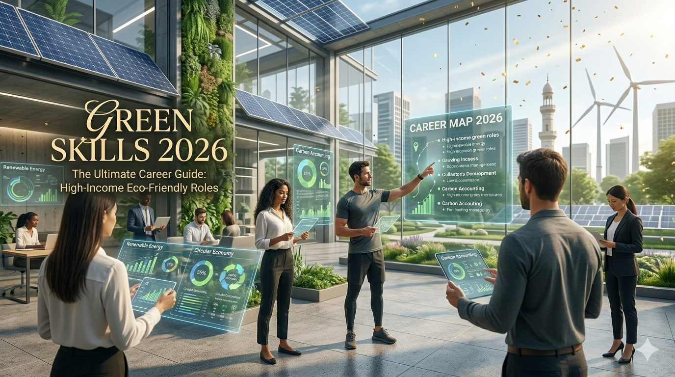 Futuristic green workspace showing professionals mastering 2026 green skills for high-income eco-friendly careers.