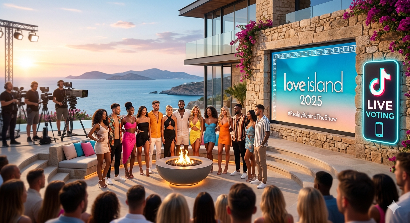A dynamic, high-angle photograph capturing the main stage of Love Island 2025 in Crete, Greece, with a large LED screen displaying '#RealityBehindTheShow' and '#LiarLiam', and a prominent TikTok 'LIVE VOTING' logo. Production cameras are visible, and a diverse group of Islanders gather around the modern firepit overlooking the Aegean Sea.