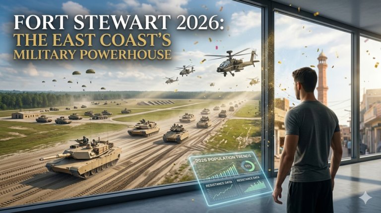 Aerial view of Fort Stewart GA in 2026 featuring the 3rd Infantry Division training ranges and rapid deployment assets.