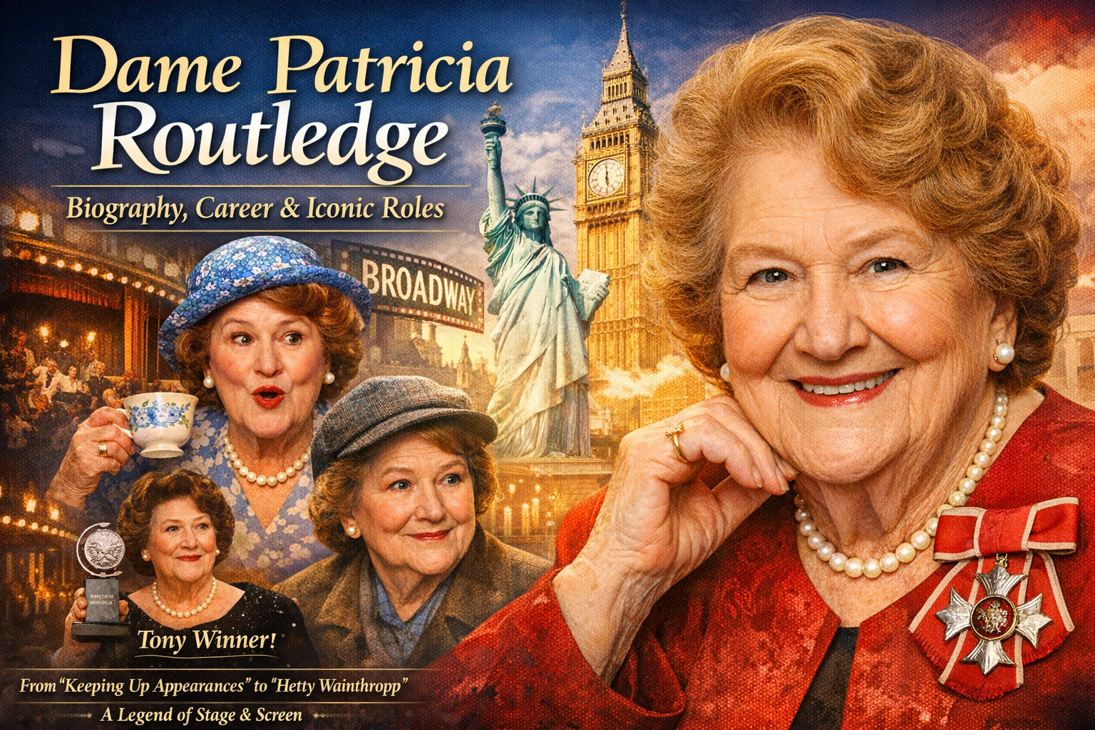 Dame Patricia Routledge portrait featuring her iconic roles as Hyacinth Bucket and Hetty Wainthropp with Broadway and award highlights