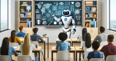 Teacher using AI tools to automate lesson planning in a smart classroom in 2026