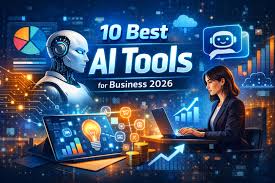 AI tools for business 2026 showing automation software, analytics dashboards, and digital technology improving business efficiency and growth.