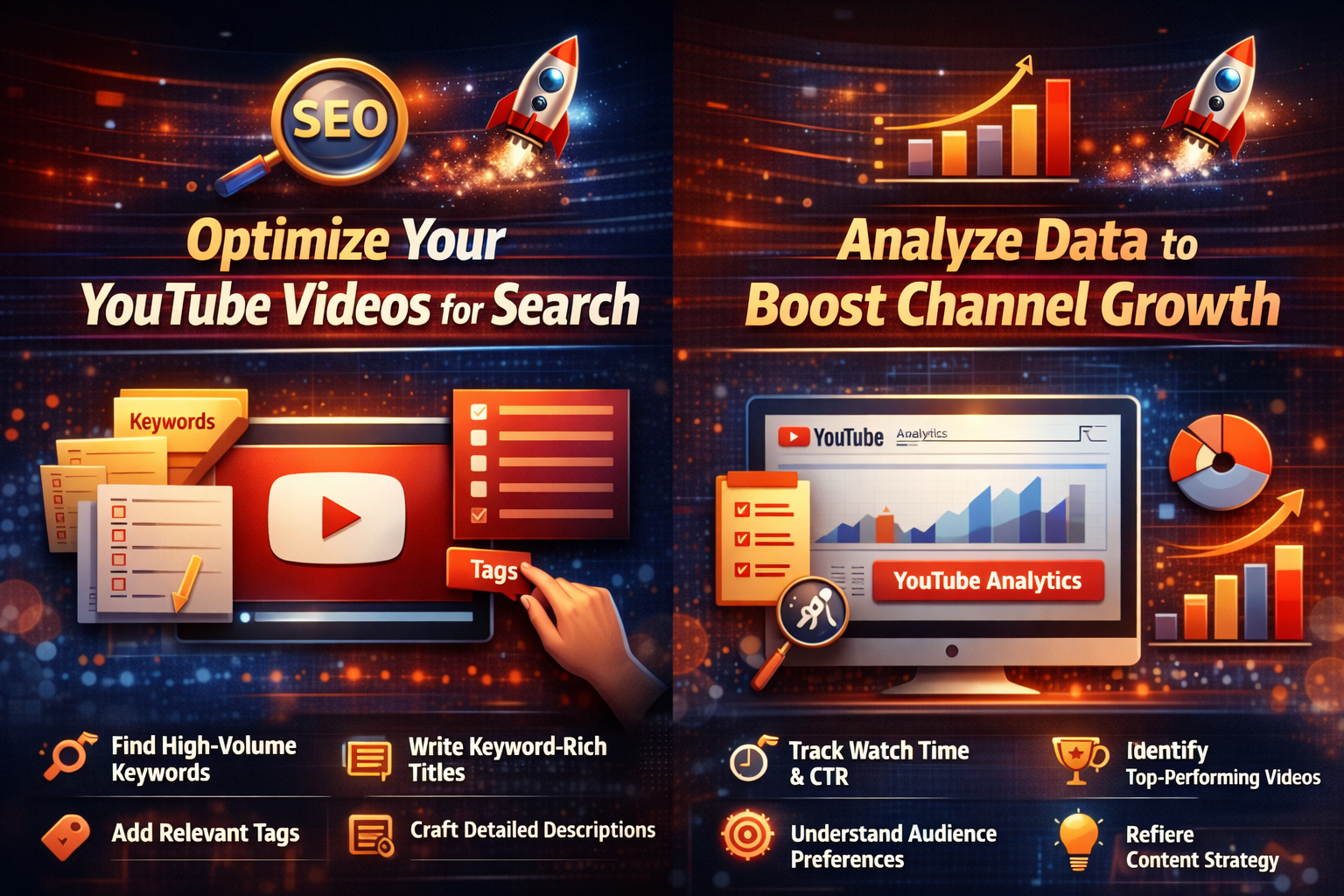 SEO and analytics infographic showing how to optimize YouTube videos, use keywords and tags, analyze data, track watch time, and grow your channel in 2026.