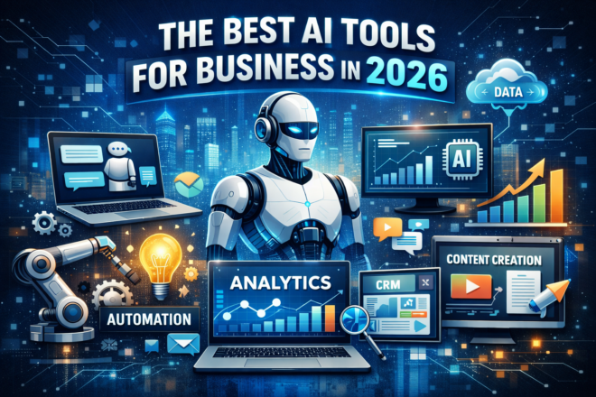 The best AI tools for business showcasing artificial intelligence software for automation, productivity, data analytics, and digital growth in 2026.
