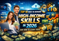 Top 10 in-demand high-income skills in 2026 showing digital marketing, AI, cloud computing, and online business growth concepts