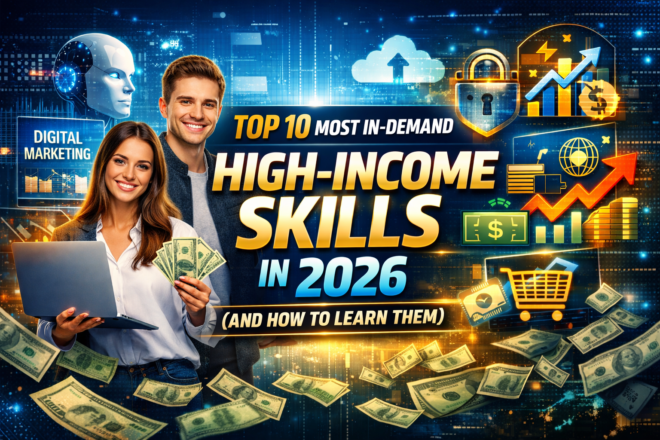 Top 10 in-demand high-income skills in 2026 showing digital marketing, AI, cloud computing, and online business growth concepts
