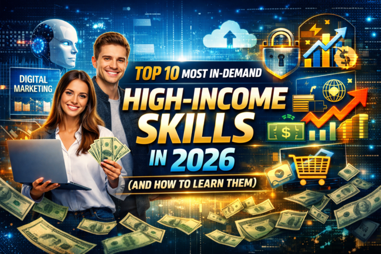 Top 10 in-demand high-income skills in 2026 showing digital marketing, AI, cloud computing, and online business growth concepts
