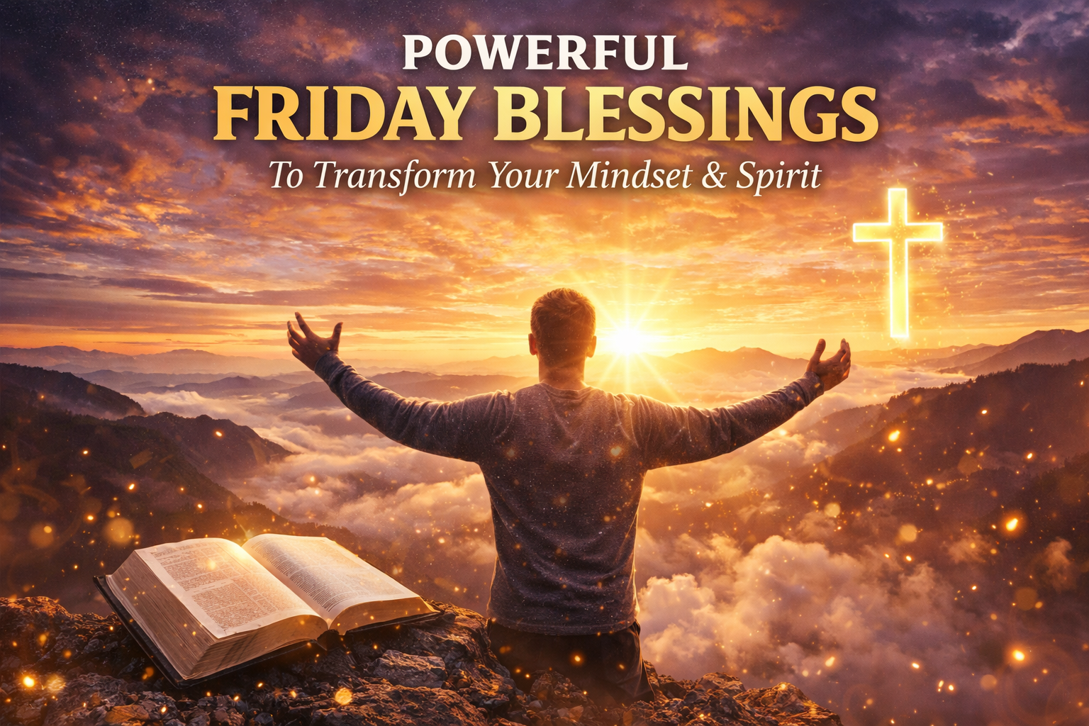 Powerful Friday blessings image with sunrise, spiritual man praying, Bible and glowing cross symbolizing faith, peace and positive mindset