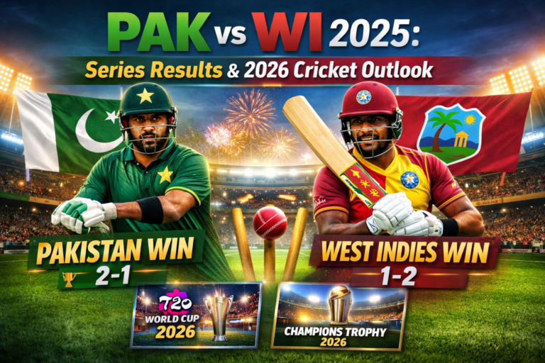 PAK vs WI 2025 series results and 2026 cricket outlook featuring Pakistan and West Indies players in a stadium