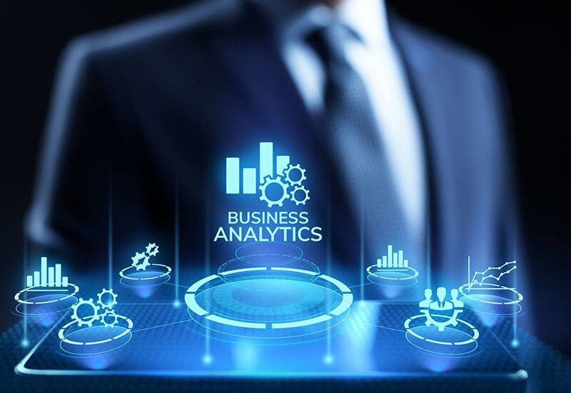 Data analytics and business intelligence dashboard showing data visualization, KPIs, charts, predictive analytics and business performance insights