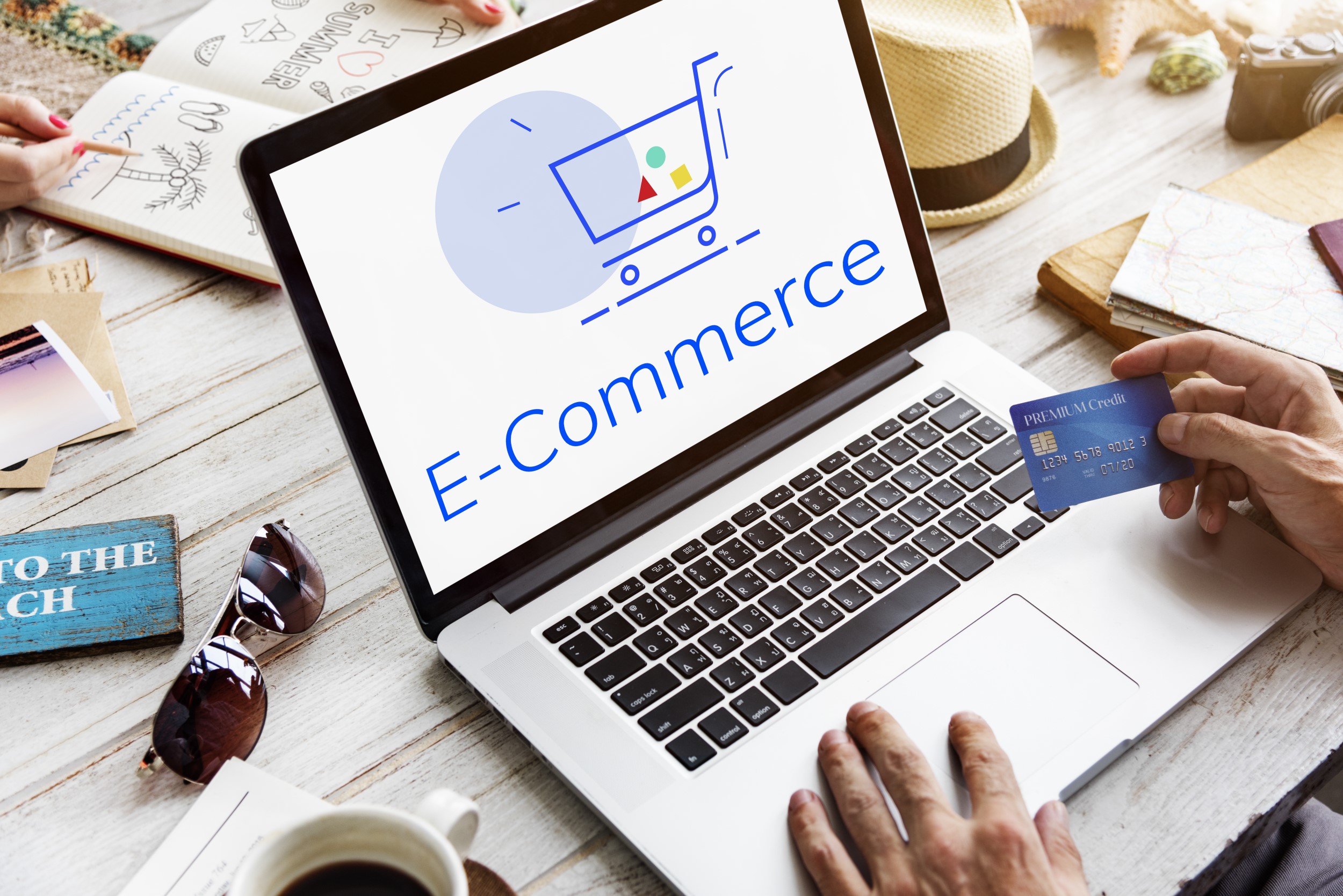 E-commerce and digital business management showing online store analytics, sales dashboard, digital marketing, inventory management and growth strategy