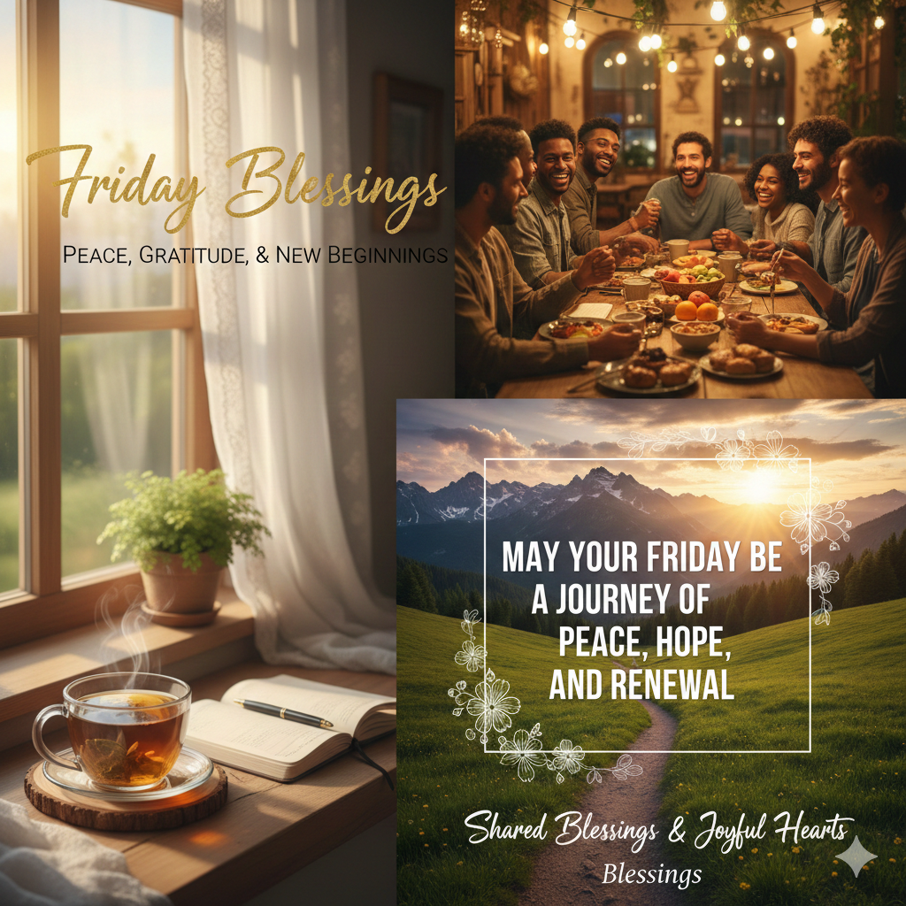 A peaceful Friday morning scene with a cup of tea, an open journal, and warm sunlight through a window.