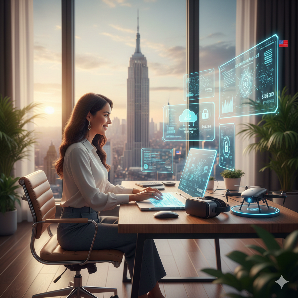 Professional woman working remotely on a laptop with a digital overlay showing high-paying US remote job data and a New York City skyline.