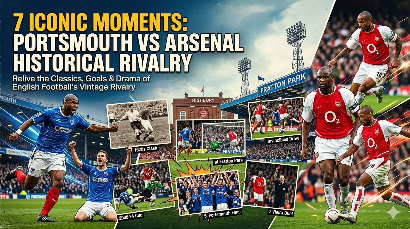 Portsmouth vs Arsenal historical rivalry 7 iconic moments with Fratton Park and Highbury stadium visuals