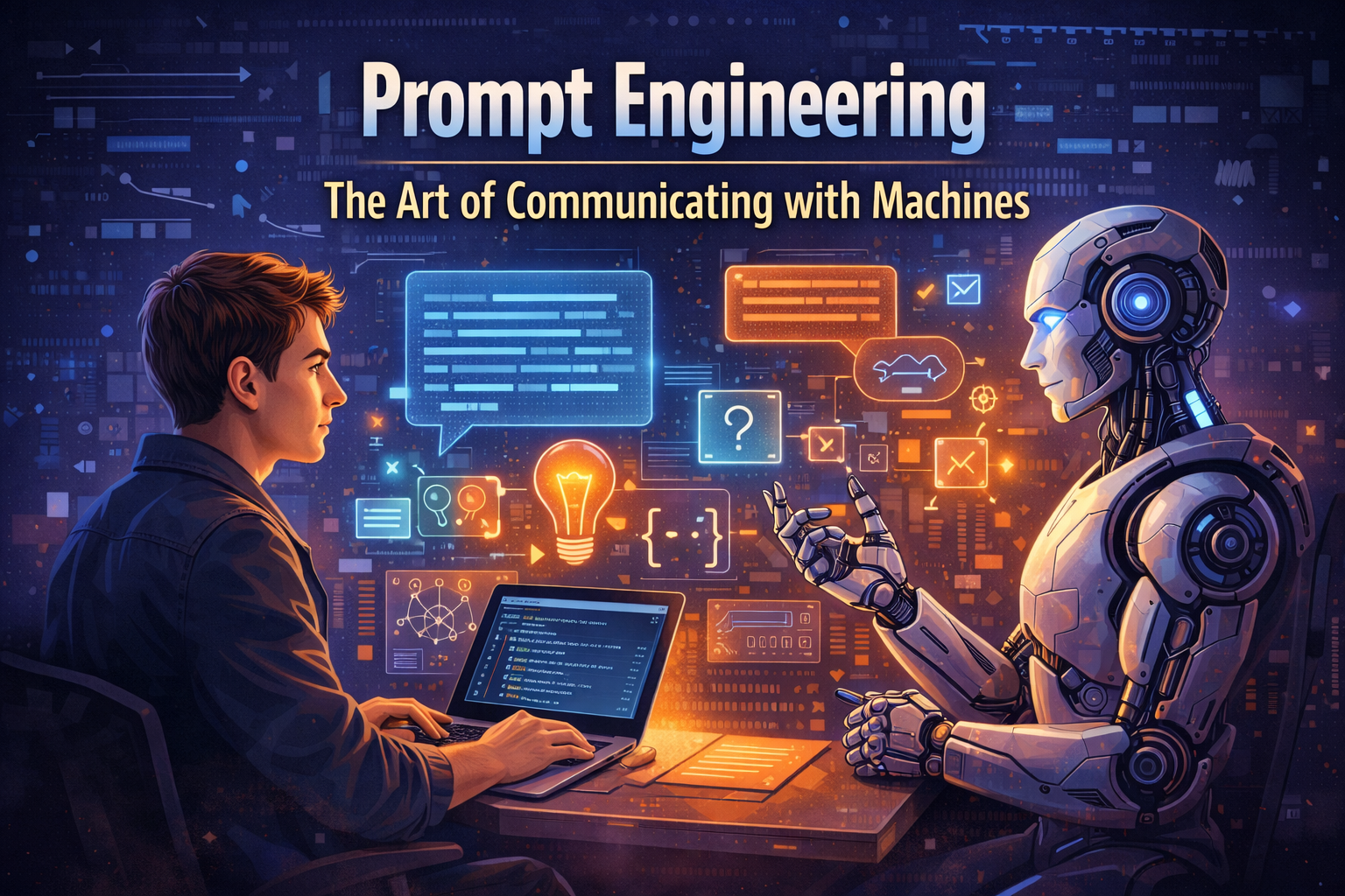 Prompt engineering illustrating how humans communicate effectively with AI and machines using structured prompts and artificial intelligence concepts