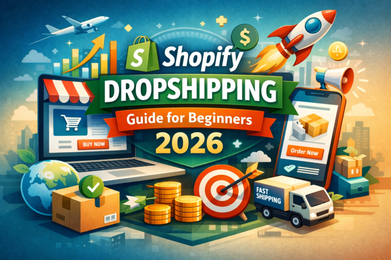 Shopify dropshipping guide for beginners 2026 showing online store setup, product sourcing, and eCommerce growth