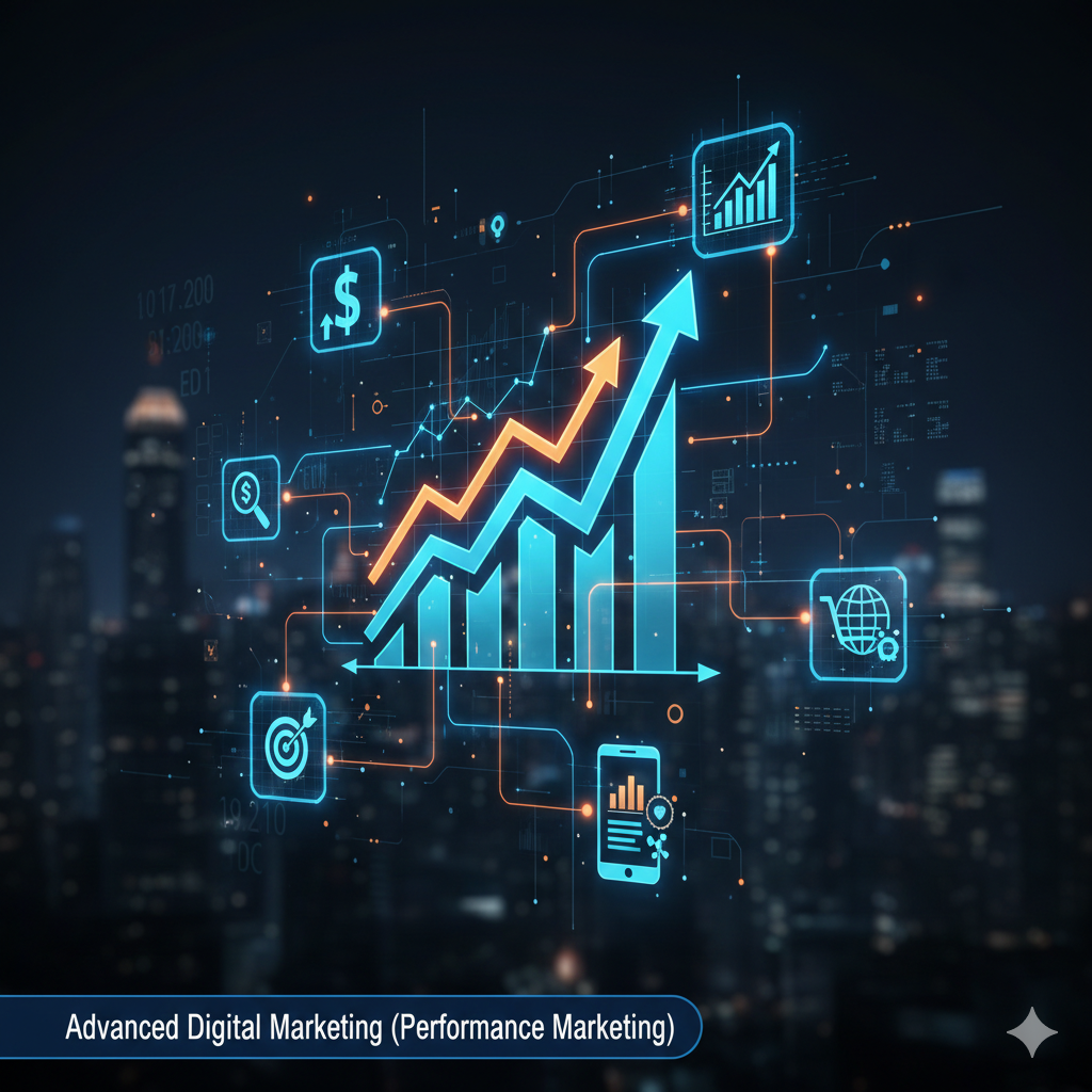 Advanced Digital Marketing dashboard showing growth charts, ROI, and performance marketing icons for 2026.