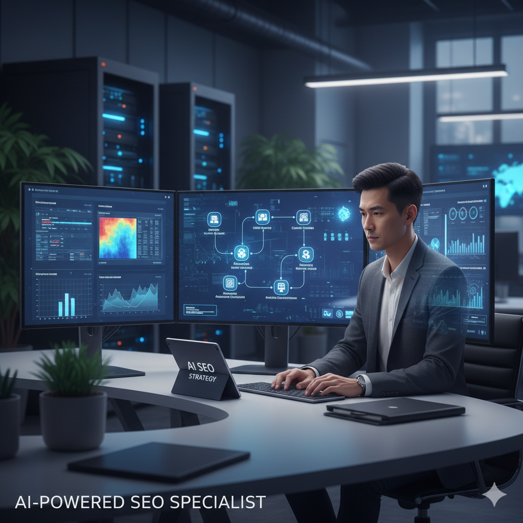 An AI-powered SEO specialist analyzing search data on multiple monitors showing heatmaps, ranking trends, and an "AI SEO STRATEGY" tablet. The workspace includes data servers in the background, signifying high-level technical SEO.