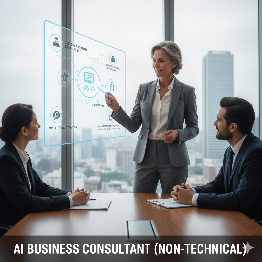 A professional AI Business Consultant in a high-rise office boardroom, presenting an AI implementation roadmap on a digital glass display to executives. The display shows non-technical icons for customer journey, operational strategy, and ROI.