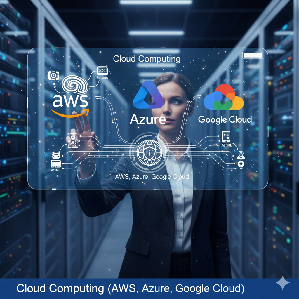A professional woman interacting with digital icons of AWS, Azure, and Google Cloud in a modern data center.