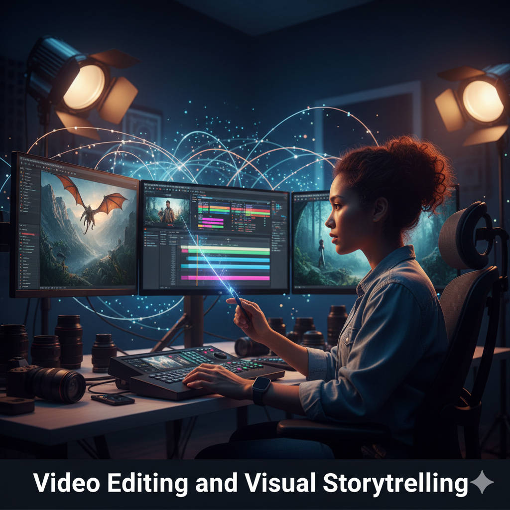 A professional editor working on a high-end video editing suite with multiple monitors showing visual storytelling.