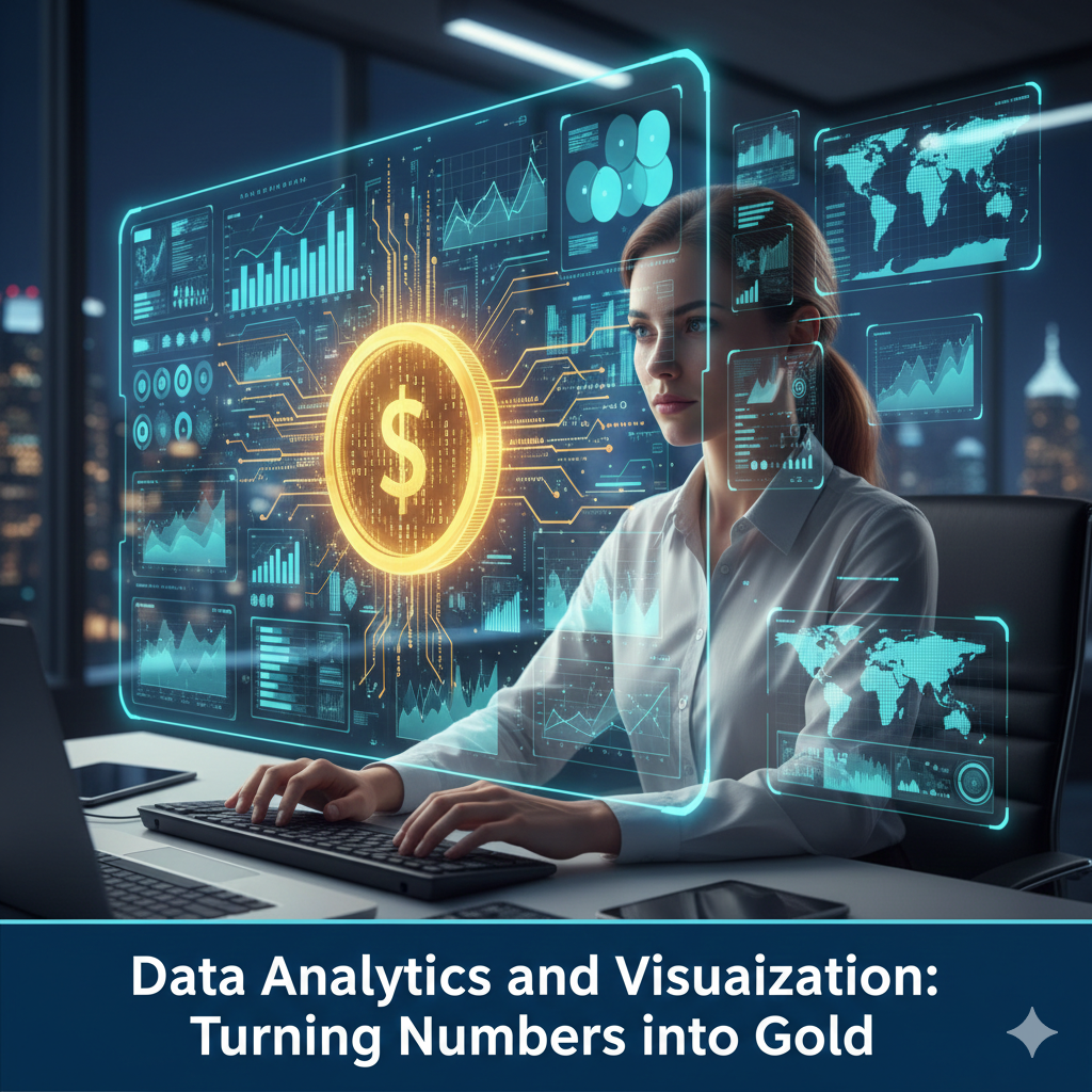 Data Analytics and Visualization infographic showing numbers turning into gold coins for business growth.