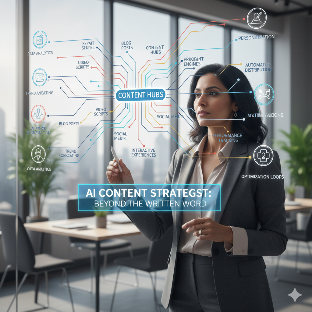 A female AI Content Strategist in a professional office, interacting with a digital glass board showing a complex network of content hubs, data analytics, performance tracking, and automated distribution nodes.
