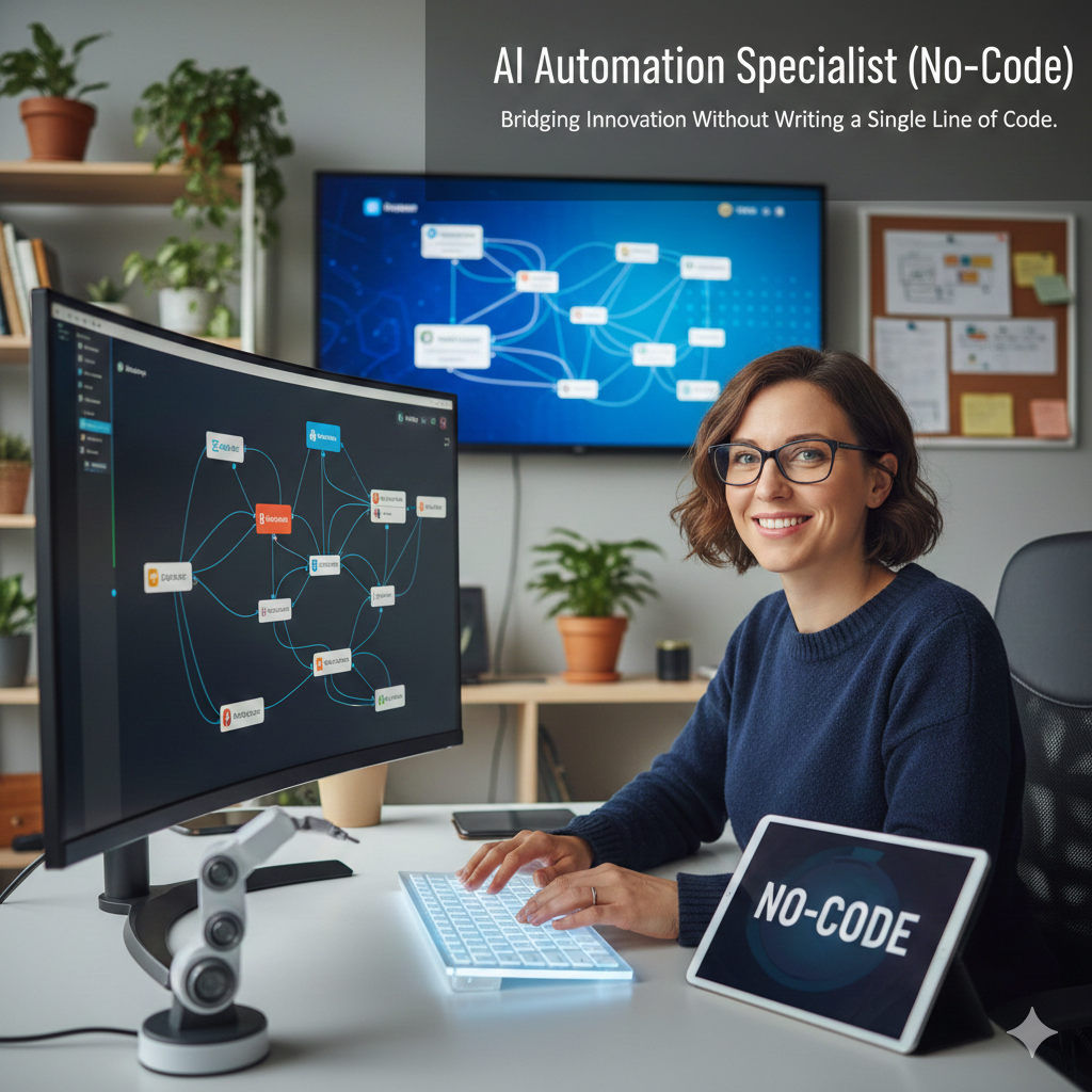A professional woman working at a modern desk with a dual-monitor setup showing visual "no-code" automation workflows and node-based logic. A tablet on the desk displays "NO-CODE" text.