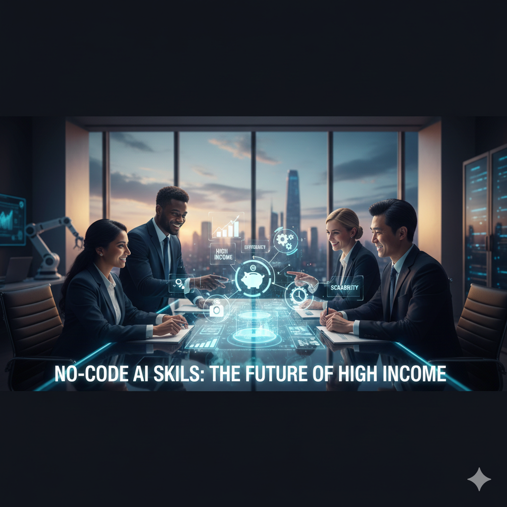 A diverse team of professionals in a modern office collaborating around a digital table showing glowing "No-Code AI" nodes, including "Efficiency," "Scalability," and "High Income" metrics.