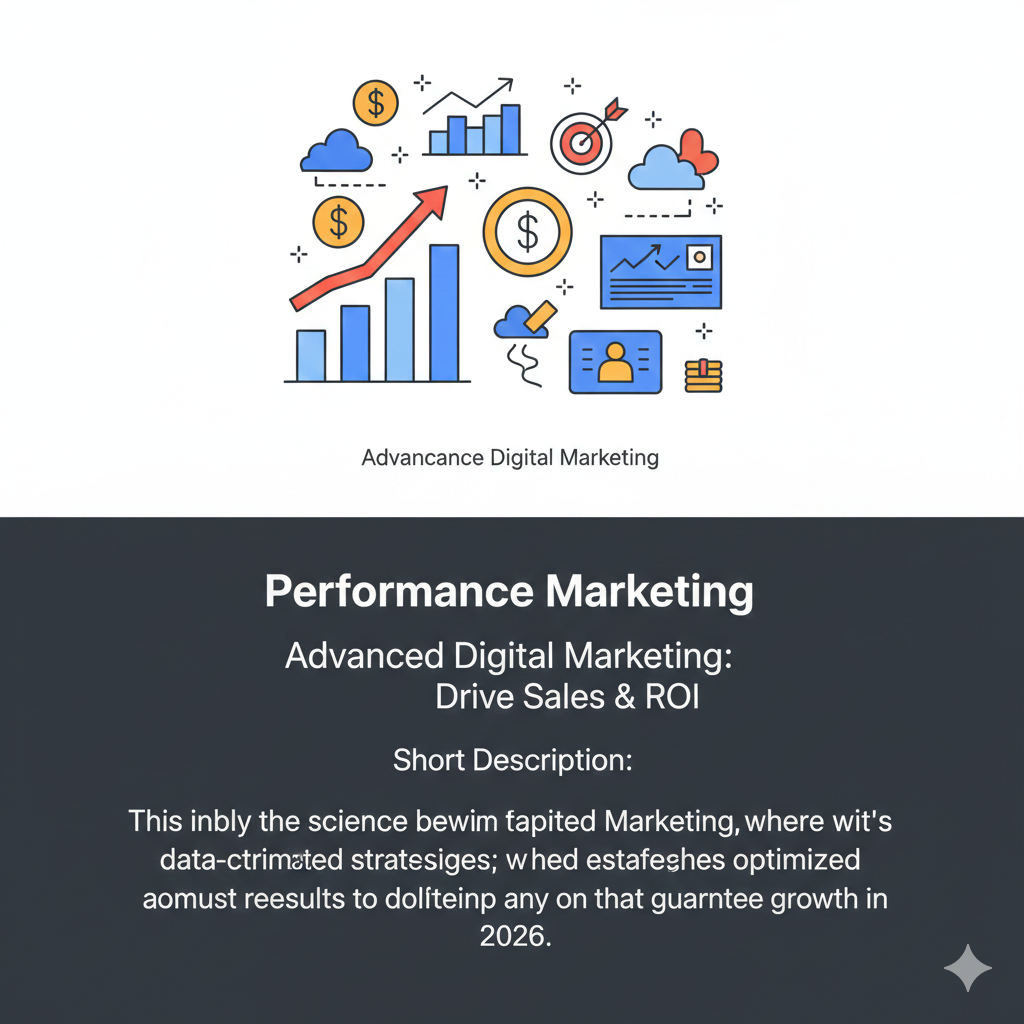Advanced Digital Marketing dashboard showing growth charts, ROI, and performance marketing icons for 2026.