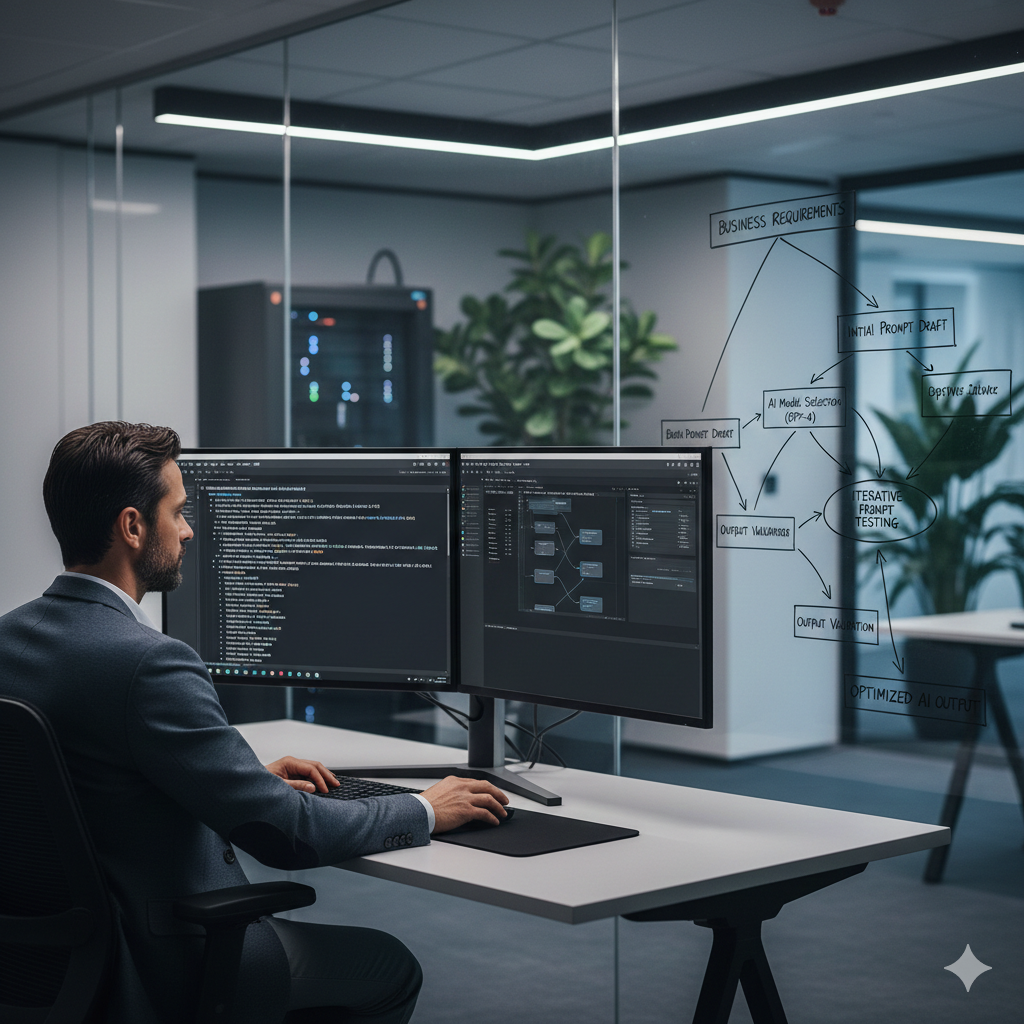 A male Prompt Engineer in a corporate setting working on dual monitors with structured AI code and system prompts. A glass partition in the foreground shows a handwritten flowchart for "Iterative Prompt Testing" and "Optimized AI Output."