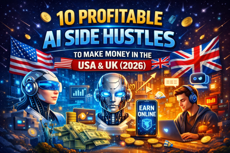 10 profitable AI side hustles to make money online in the USA and UK in 2026 including AI freelancing, automation, content creation and digital business ideas.