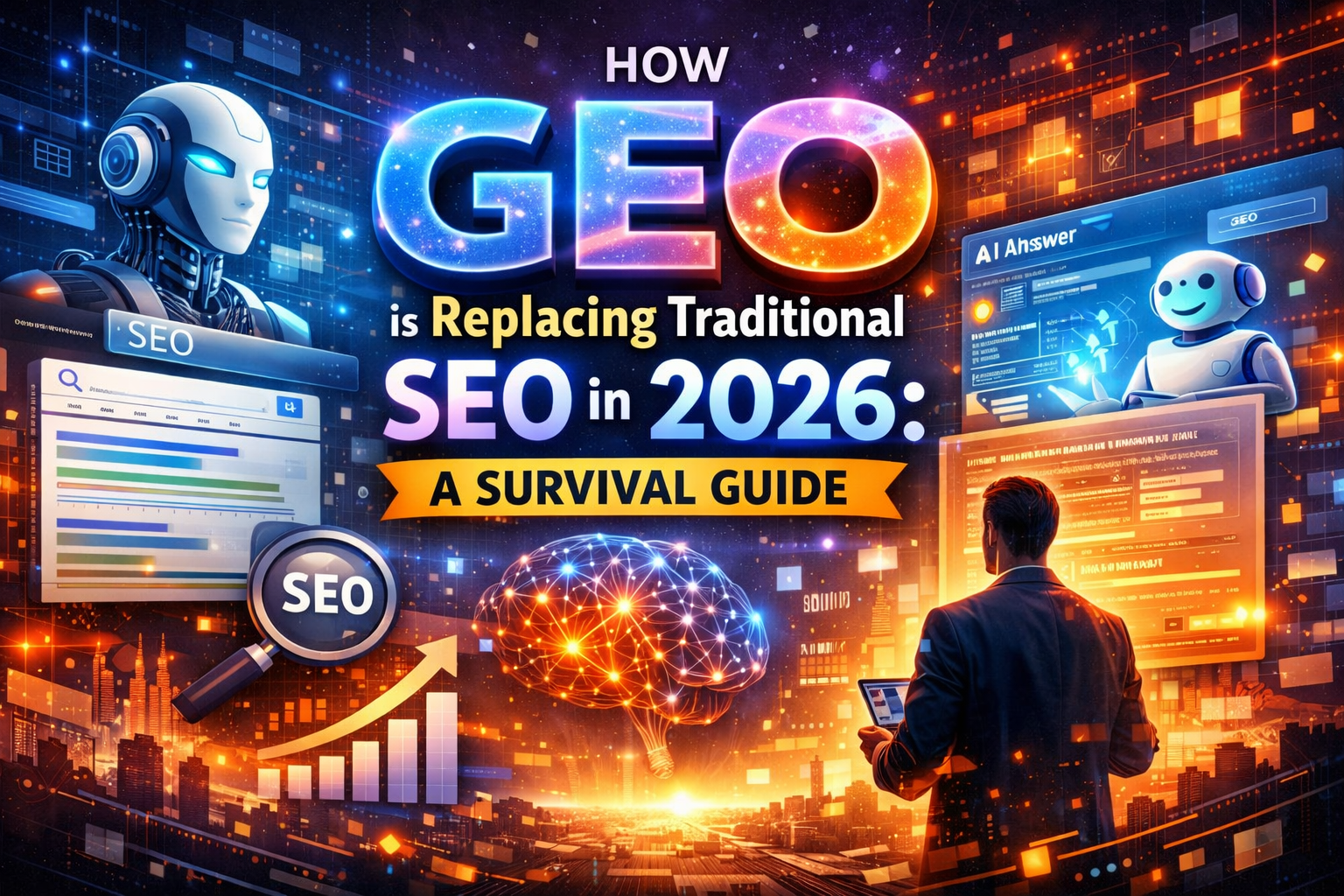 Illustration showing how Generative Engine Optimization (GEO) is replacing traditional SEO in 2026 with AI search engines, data analytics, and digital marketing elements.